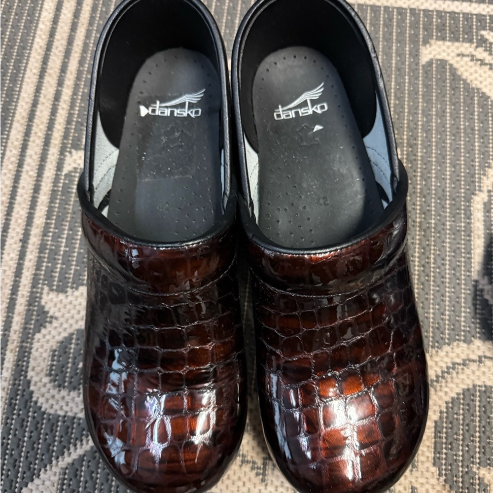 Dansko Brown Croc-Embossed Patent Slip-On Clogs